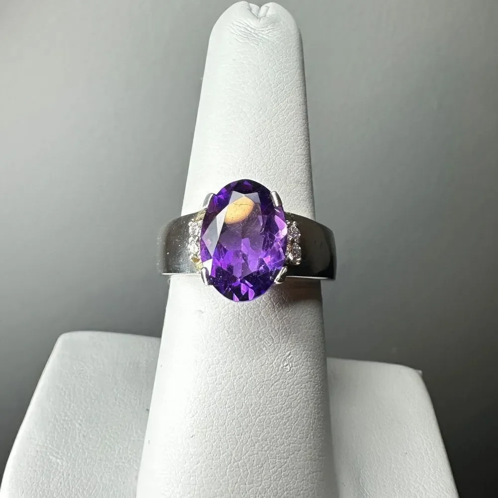 12x9mm genuine amethyst with diamond accents, sterling silver ring!‎